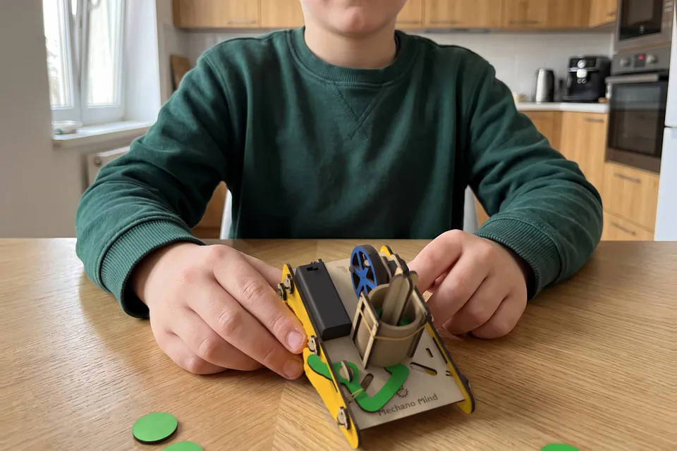 Un copil în bluză verde ține cu ambele mâini lansatorul de discuri MechanoMinds pe masa din bucătărie, lângă discurile verzi din kit.